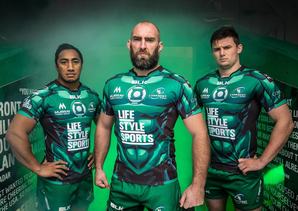 REPRO FREE***PRESS RELEASE NO REPRODUCTION FEE*** Life Style Sports Launch Limited Edition Connacht Green Lantern Jersey 24/11/2015 Life Style Sports, official sponsor to Connacht Rugby, today launched a limited edition Connacht Green Lantern jersey that will be worn on Nov 28th against Munster. On hand to help launch the super hero inspired jersey were ConnachtÕs own heroes John Muldoon, Bundee Aki and Eoghan Masterson. The Green Lantern jersey is available in adult and kids sizes exclusively from Life Style Sports, in store and online at www.LifeStyleSports.ie Pictured (L-R) Bundee Aki, John Muldoon and Eoghan Masterson  Mandatory Credit ©INPHO/Dan Sheridan