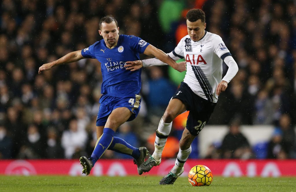 Football Soccer - Tottenham Hotspur v Leicester City - Barclays Premier League - White Hart Lane - 13/1/16 Tottenham's Dele Alli in action with Leicester City's Danny Drinkwater Action Images via Reuters / Matthew Childs Livepic EDITORIAL USE ONLY. No use with unauthorized audio, video, data, fixture lists, club/league logos or "live" services. Online in-match use limited to 45 images, no video emulation. No use in betting, games or single club/league/player publications. Please contact your account representative for further details.
