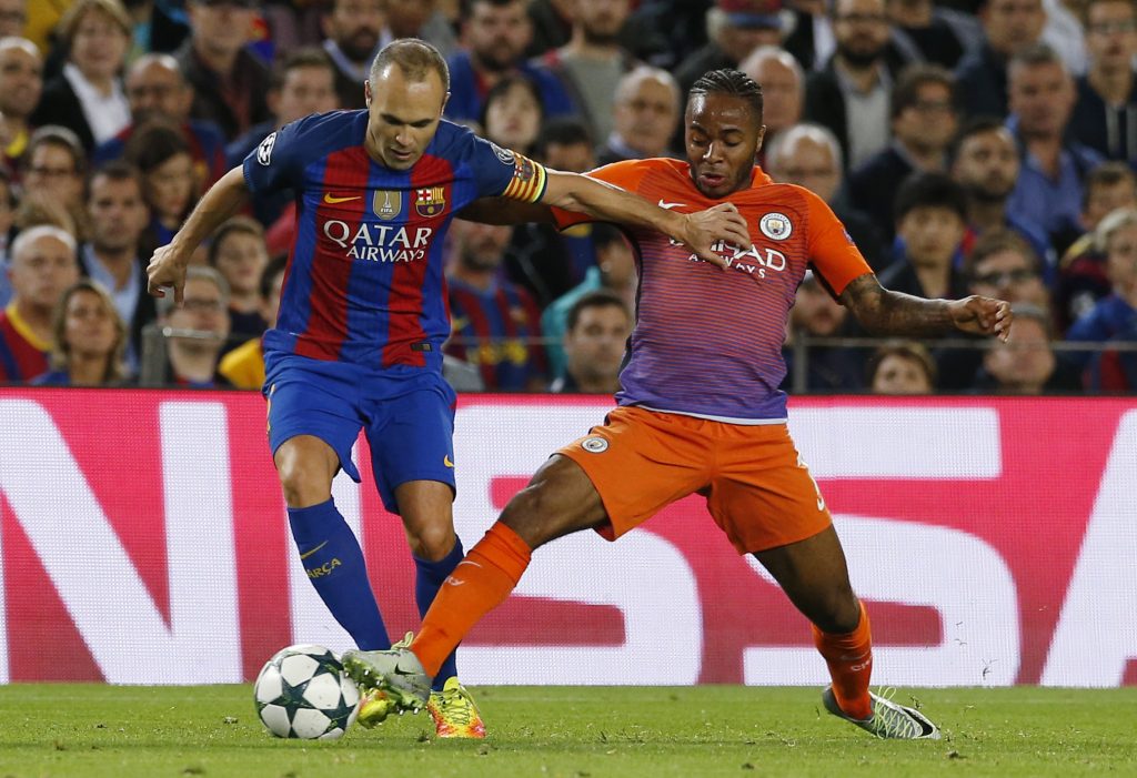 Football Soccer - FC Barcelona v Manchester City - UEFA Champions League Group Stage - Group C - The Nou Camp, Barcelona, Spain - 19/10/16 Barcelona's Andres Iniesta in action with Manchester City's Raheem Sterling Reuters / Albert Gea Livepic EDITORIAL USE ONLY.